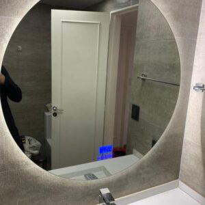 Espejo redondo 4mm con led neutra y pantalla azul 9cm (Antiempañante, Reloj, Temperatura y Parlante) #138