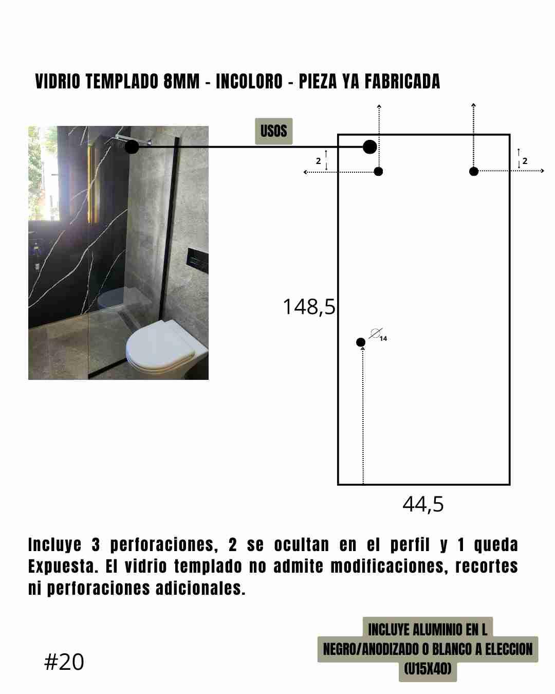 Mampara – Paño Fijo – Incoloro – Sobre bañera – 44,5 x 148,5 cm #20