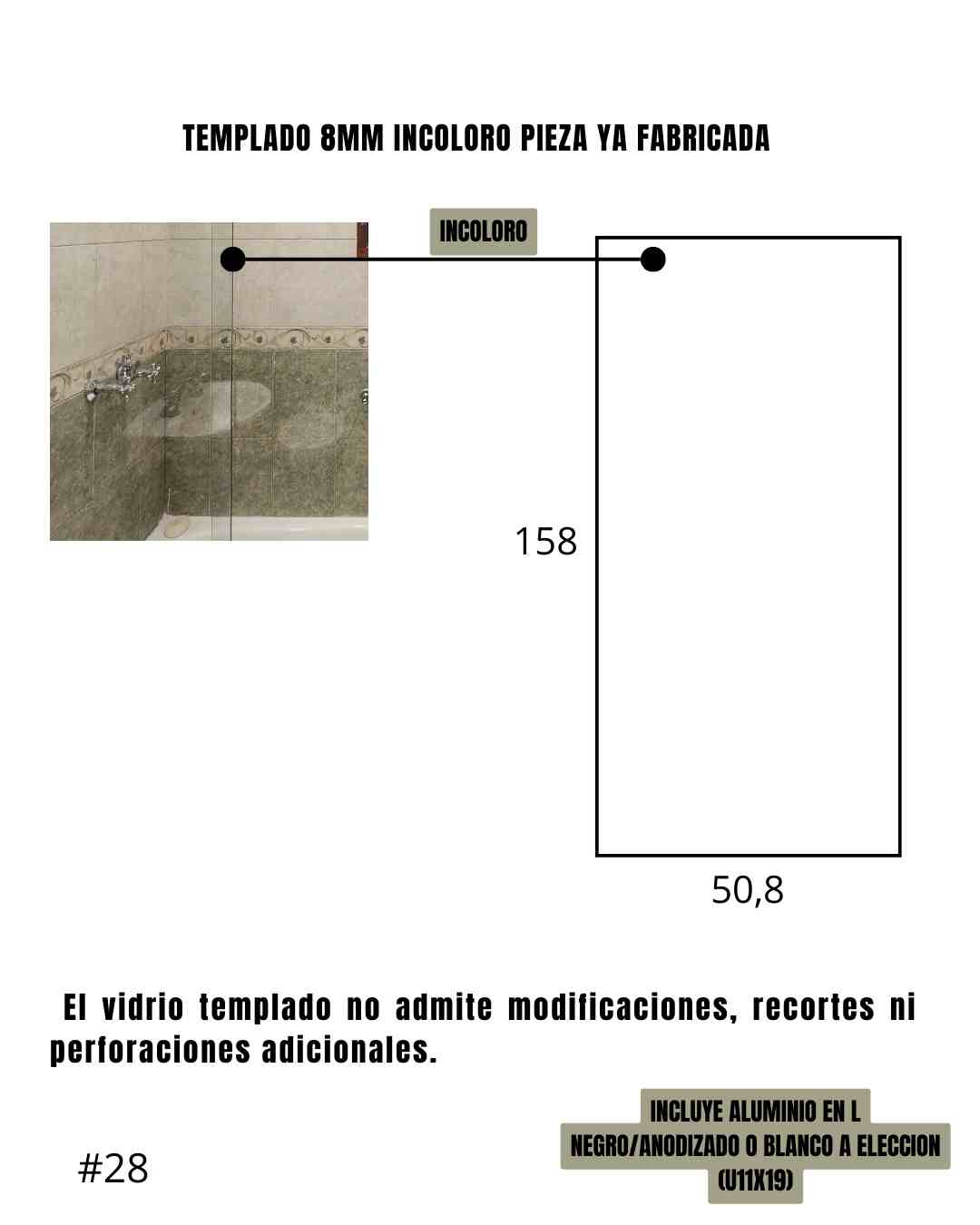 Mampara – Paño Fijo – Incoloro – Sobre bañera – 50,8 x 158 cm #28 - Imagen 2