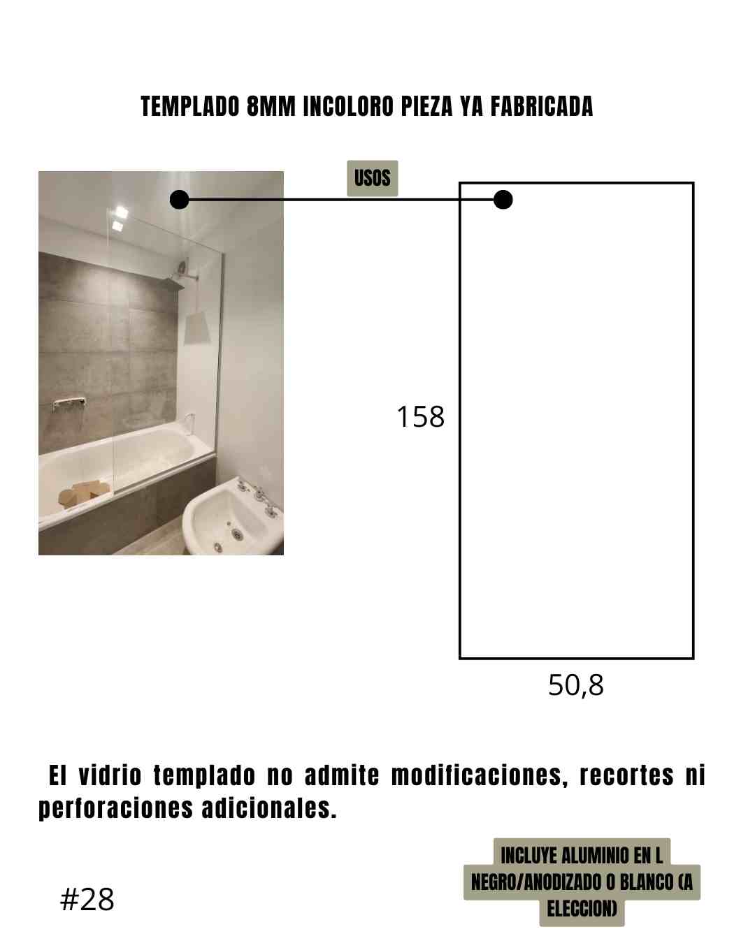 Mampara – Paño Fijo – Incoloro – Sobre bañera – 50,8 x 158 cm #28