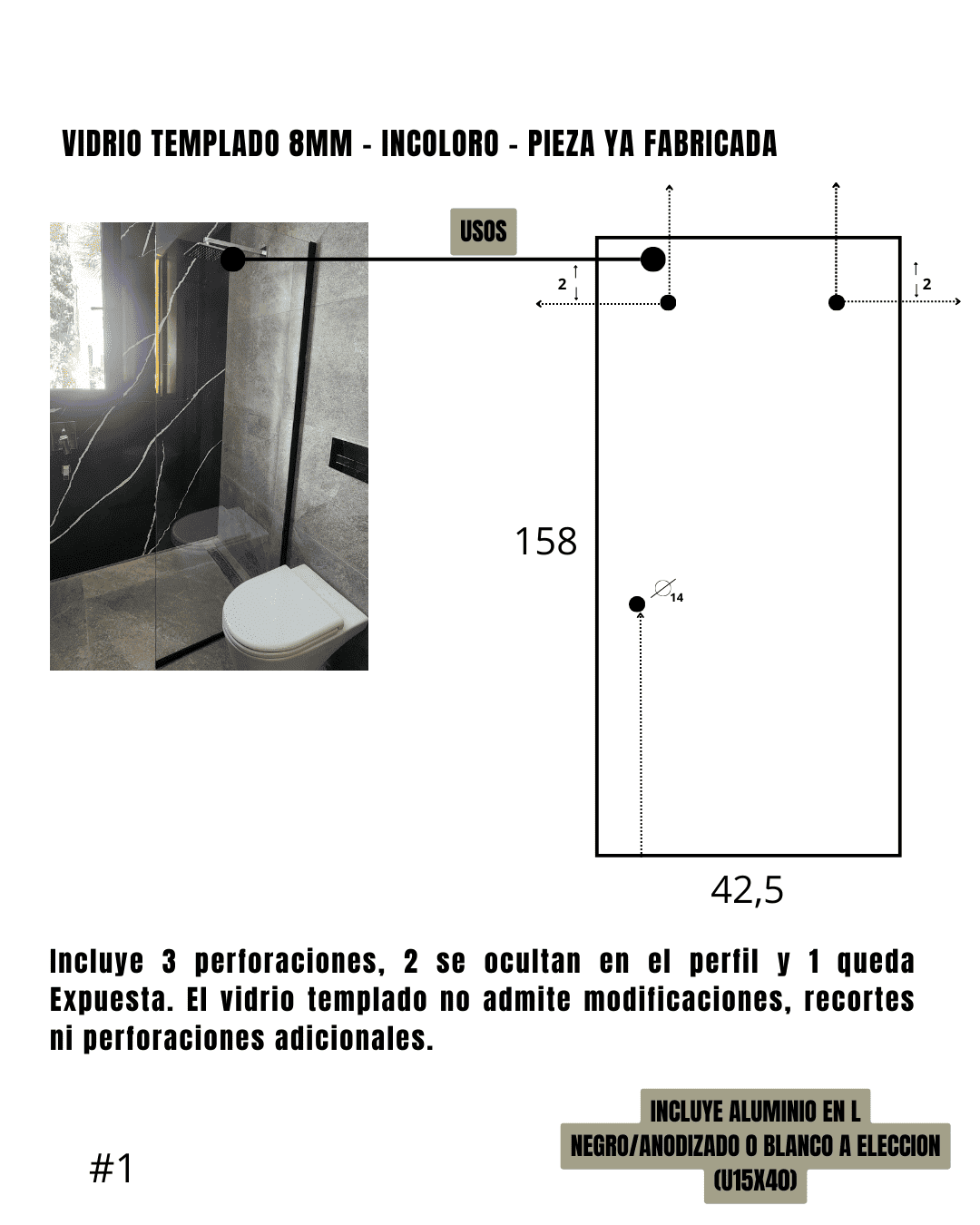 Mampara – Paño Fijo – Incoloro - Sobre bañera – 42,5 x 158 cm #1 - Imagen 2