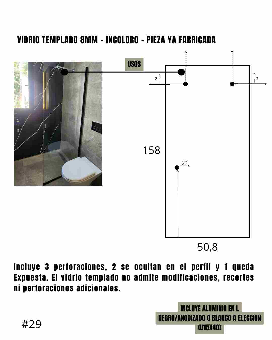 Mampara – Paño Fijo – Incoloro – Sobre bañera – 50,8 x 158 cm #29